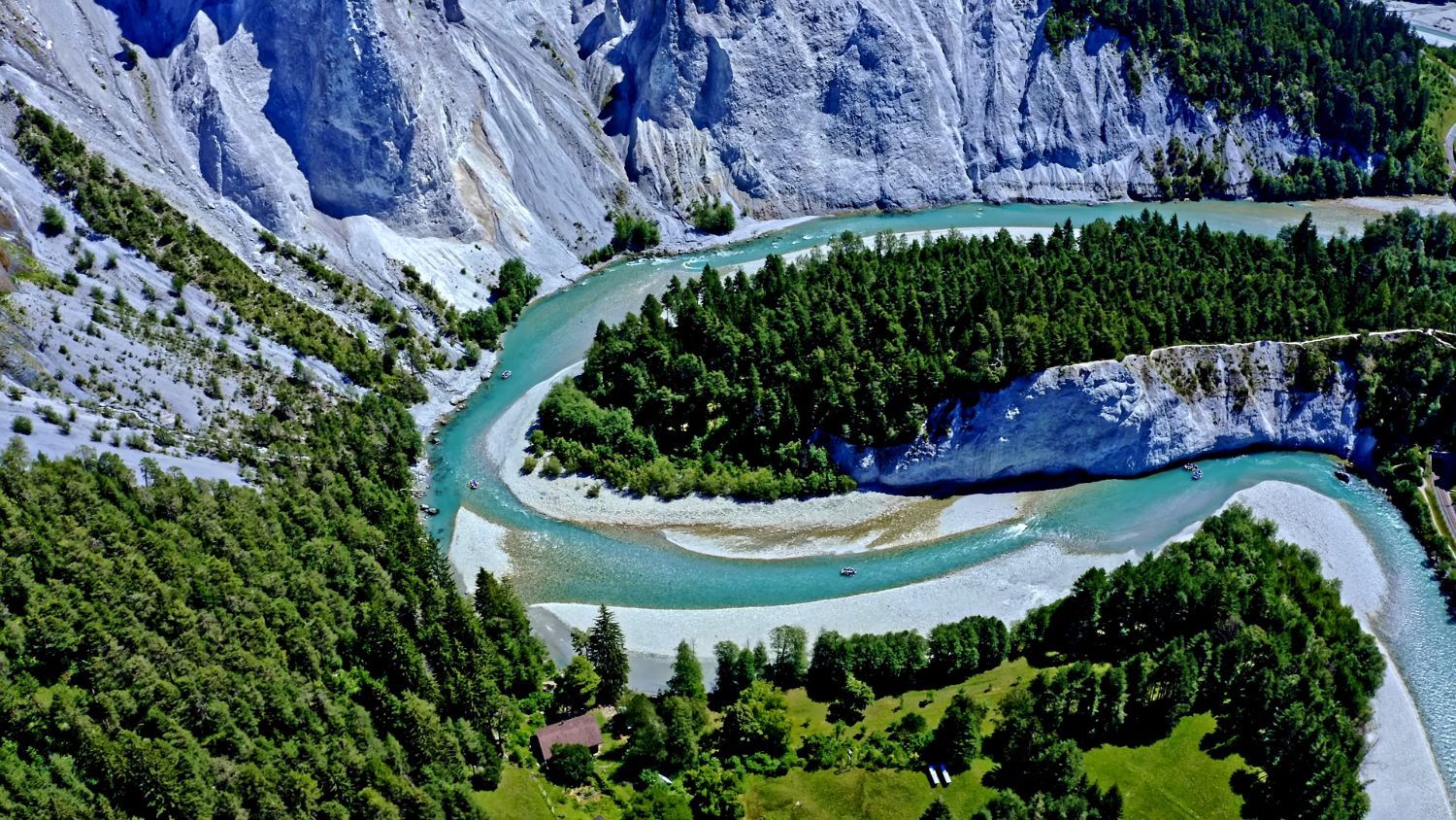The Ruinaulta / Rhine Gorge in Graubünden at sunset.